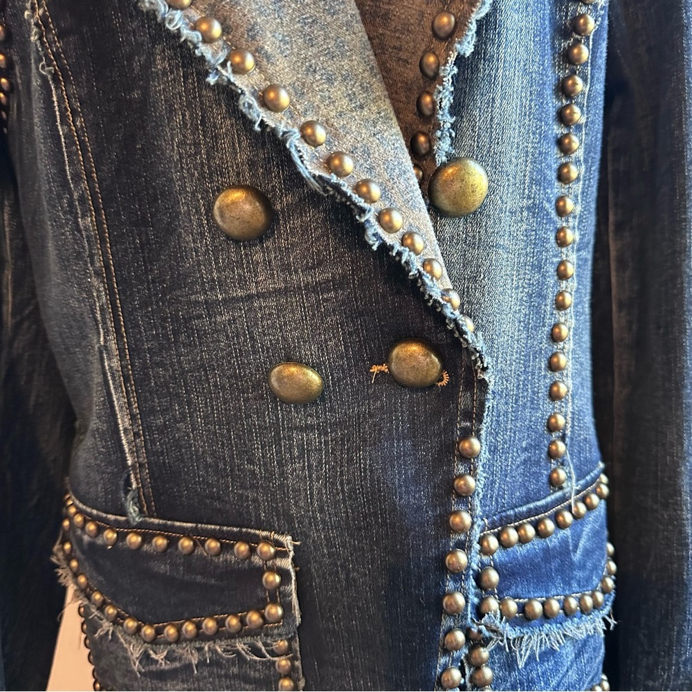 ADORE Western Denim Studded Jean Jacket Blazer, Military style, Large - Picture 2 of 13